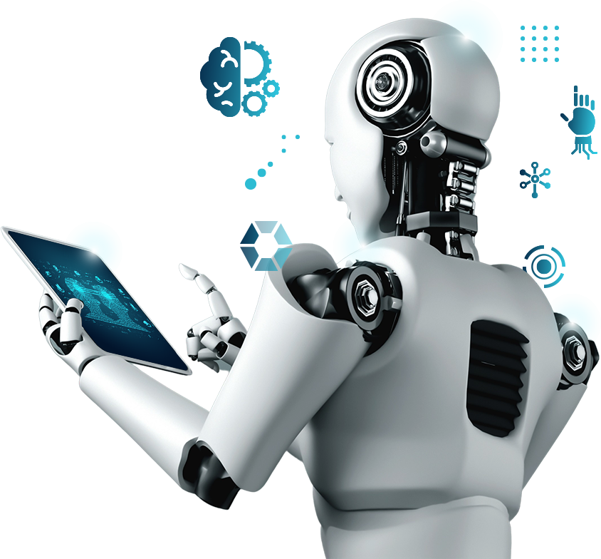 Futuristic robot holding a connected device